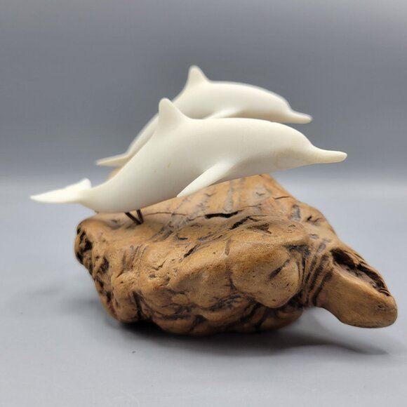 Vintage John Perry White Dolphin Sculpture On Driftwood Base 4" Tall - Picture 2 of 14